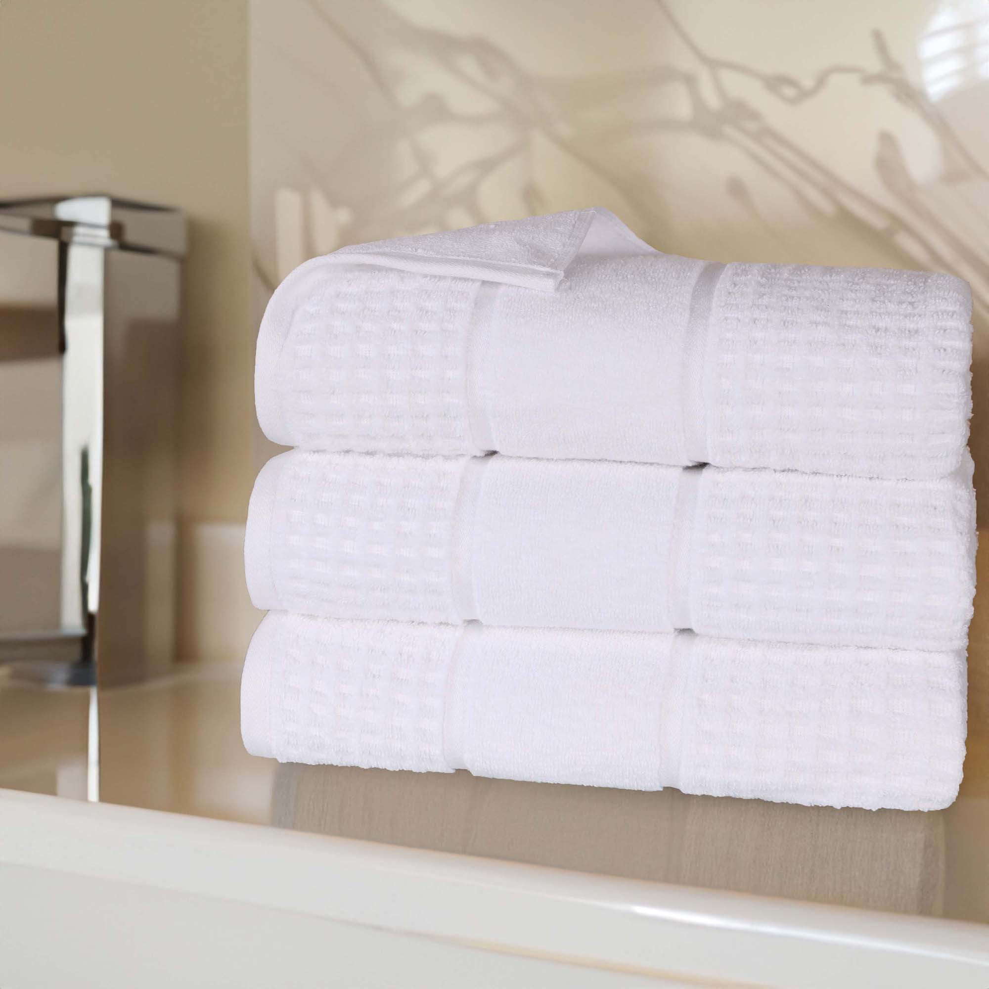White Cotton 3 Piece Bath Towel Set with Waffle Border