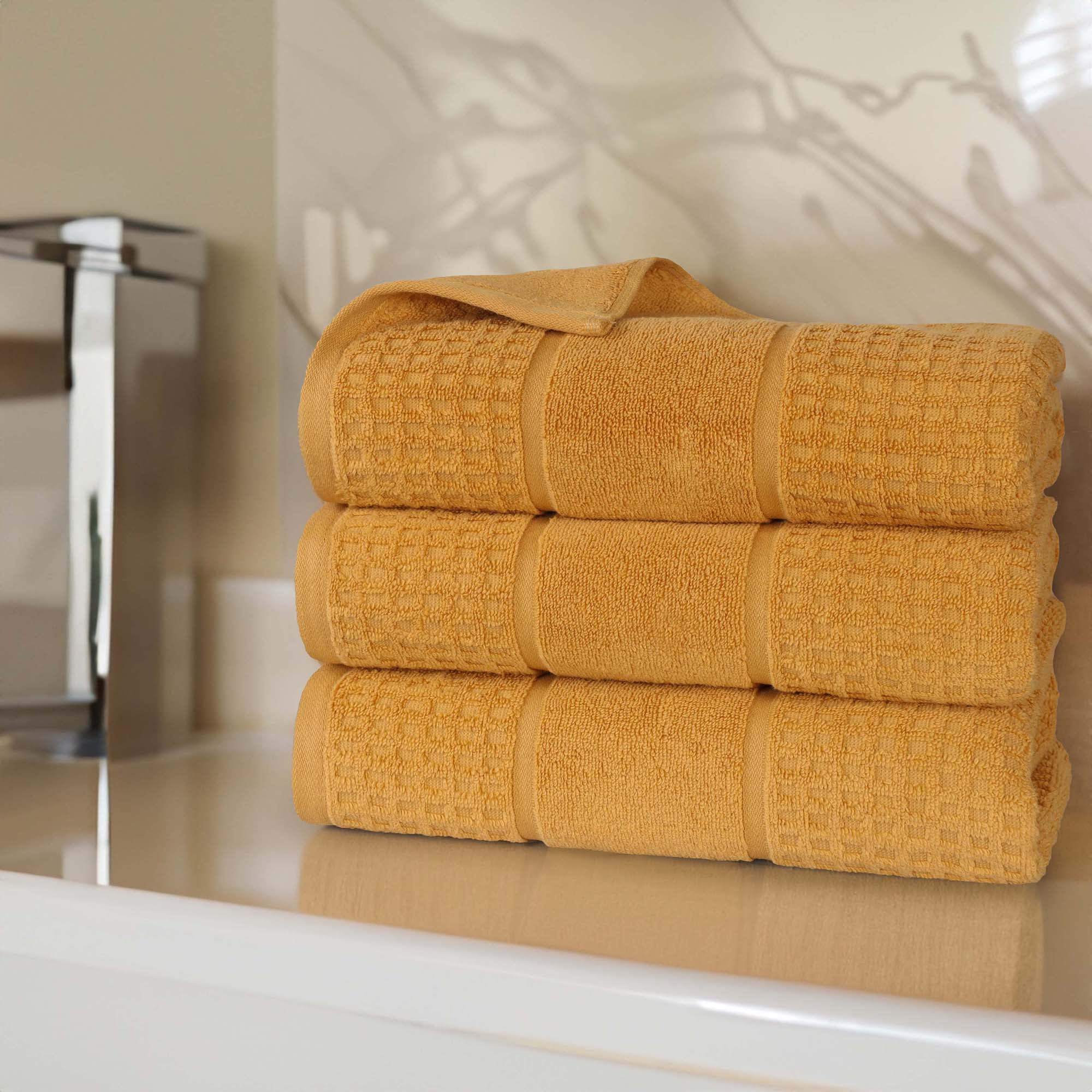 Gold Cotton 3 Piece Bath Towel Set with Waffle Border