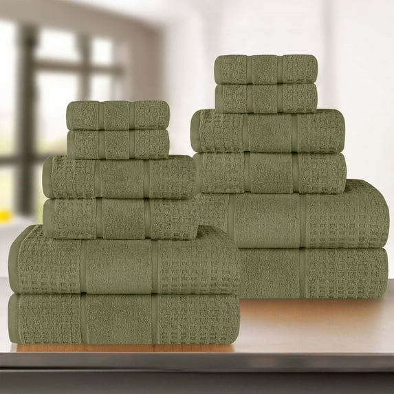 Superior Zero Twist Cotton Waffle Border 12-Piece Towel Set, Forest Green