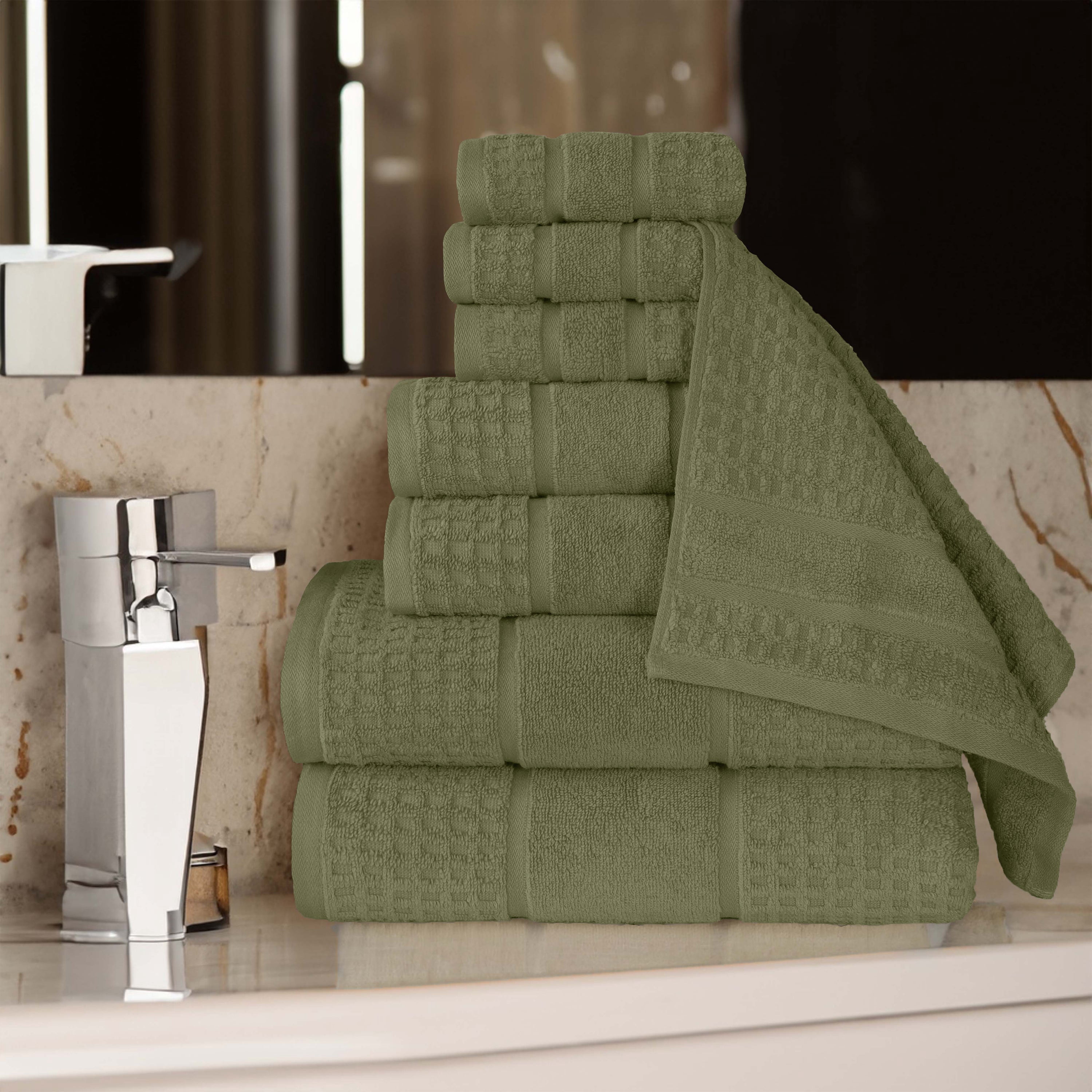 Superior Zero Twist 8-Piece Cotton Towel Set, Waffle Border Ultra Doft Quick Dry Towels, Forest Green