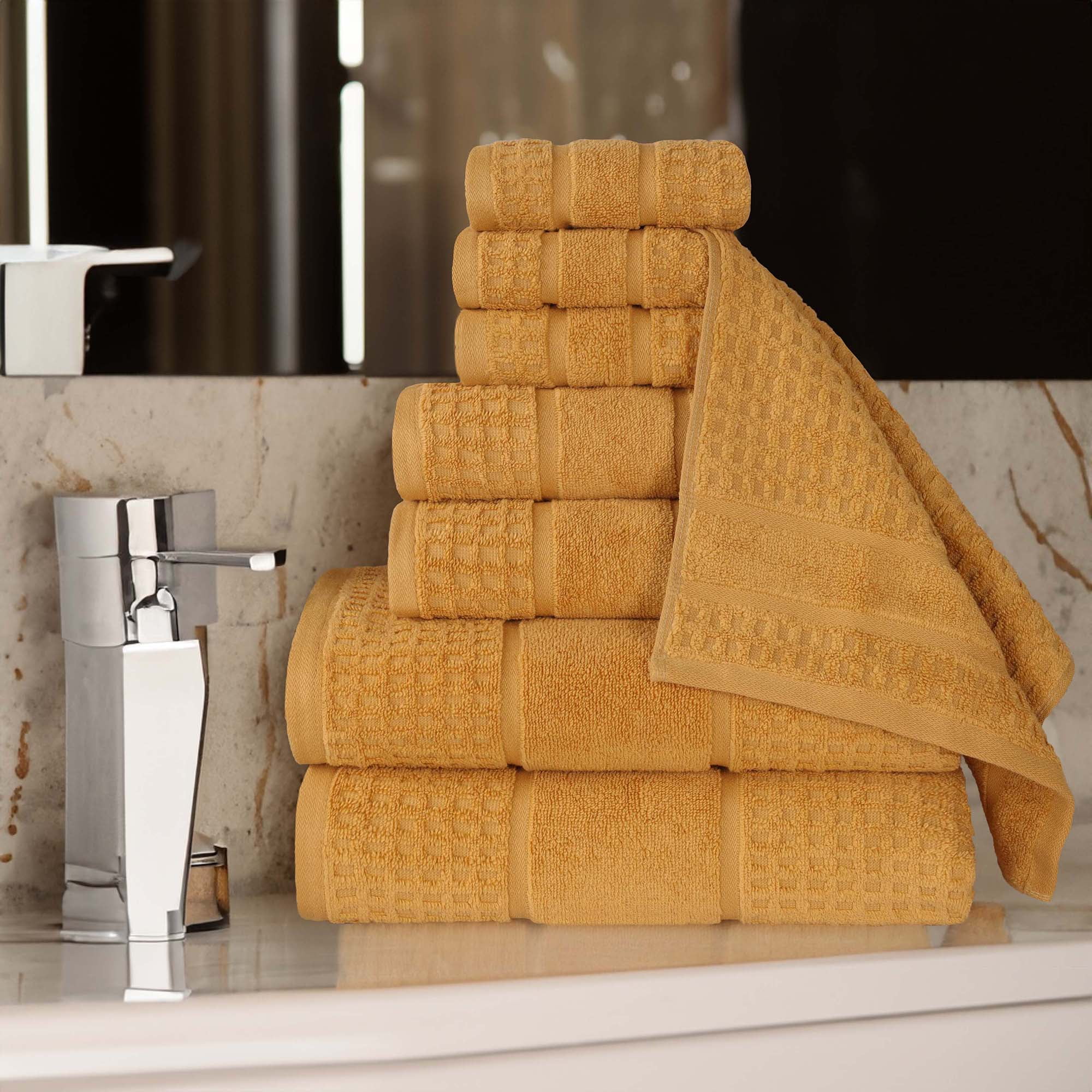 Superior Zero Twist 8-Piece Cotton Towel Set, Waffle Border Ultra Doft Quick Dry Towels, Gold