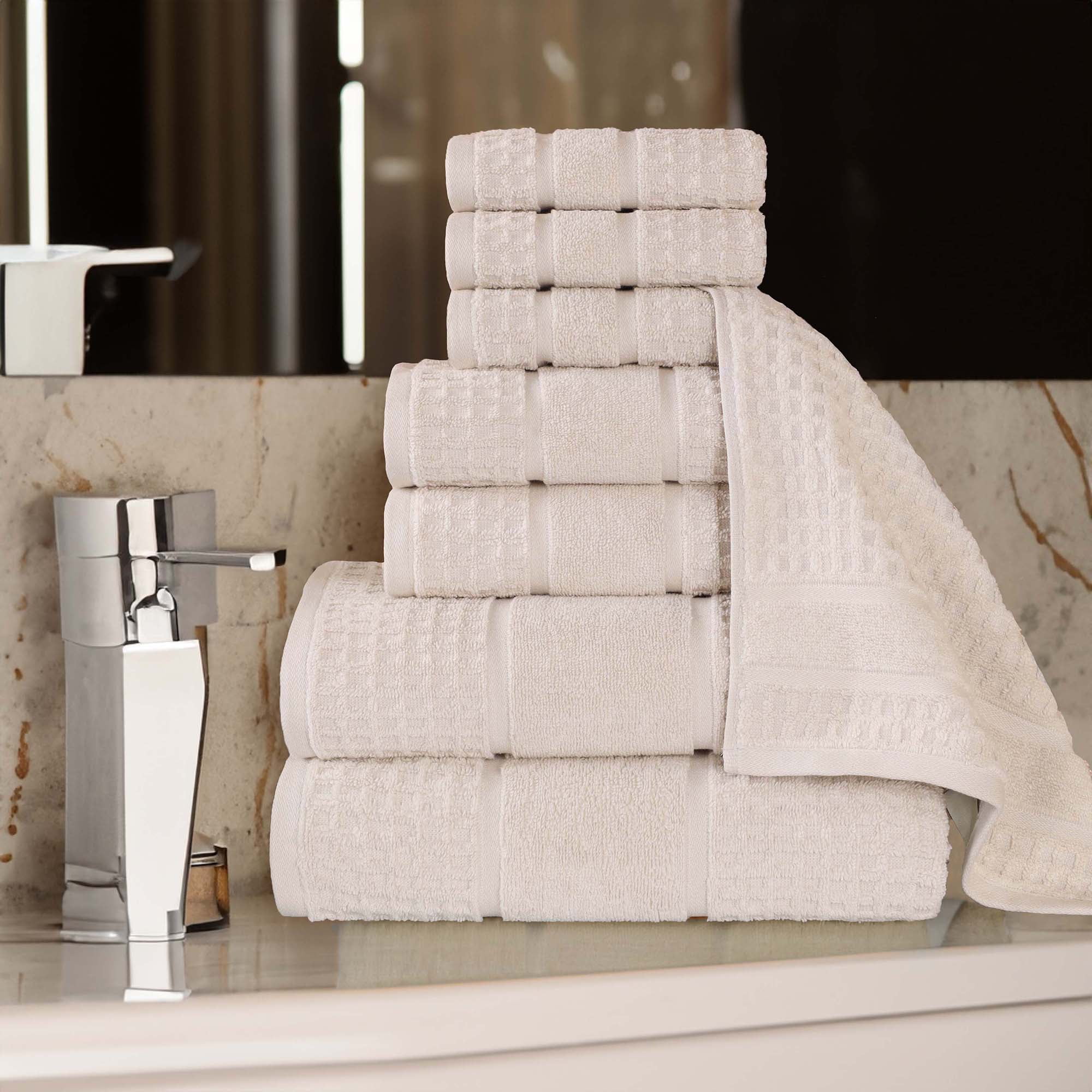 Superior Zero Twist 8-Piece Cotton Towel Set, Waffle Border Ultra Doft Quick Dry Towels, Ivory