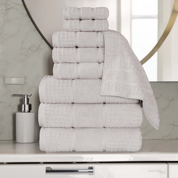 Superior Zero Twist 9-Piece Cotton Towel Set, Waffle Border Ultra Doft Quick Dry Towels, Stone