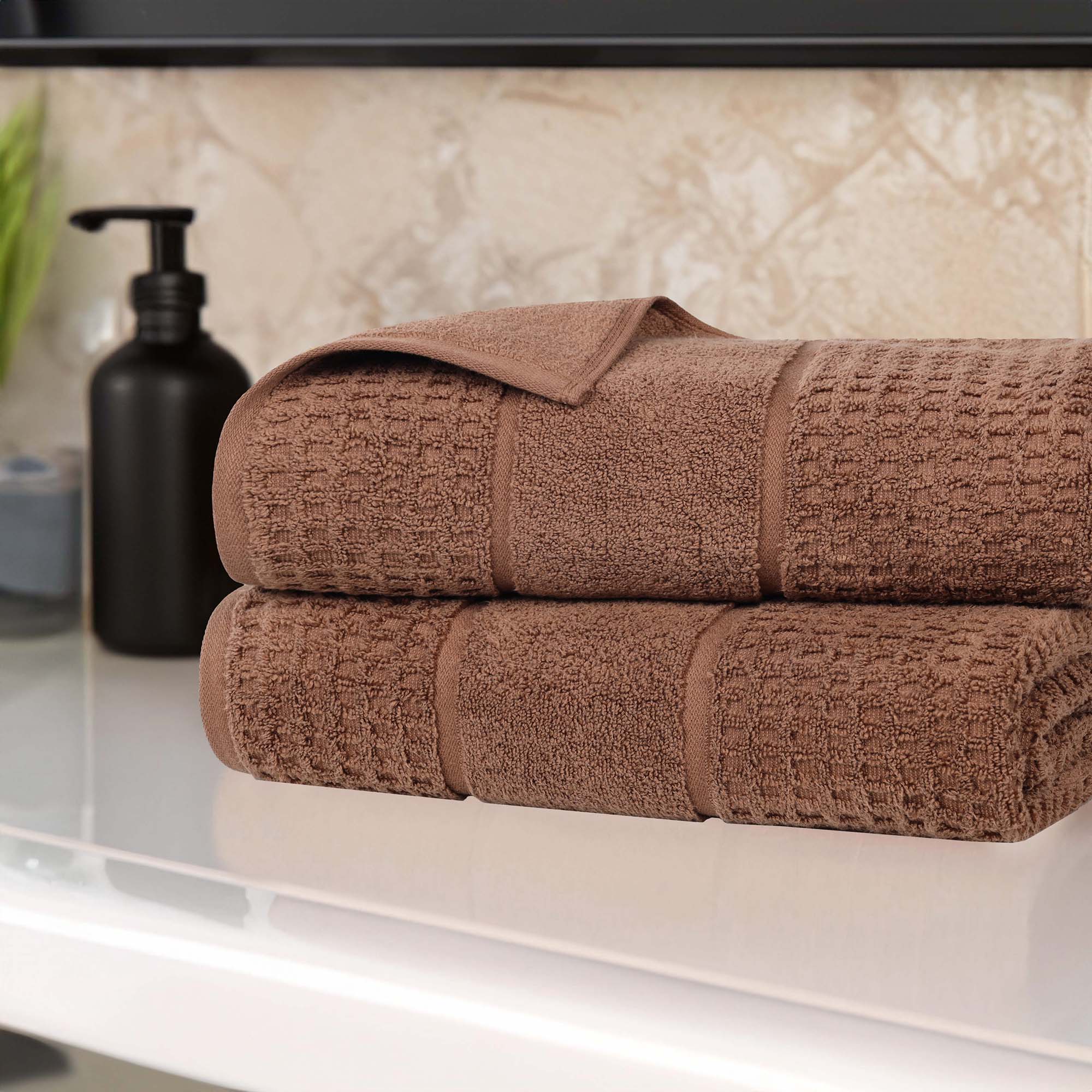 Superior Zero Twist 2-Piece Cotton Bath Sheet Set, Waffle Border Ultra Doft Quick Dry Towels, Chocolate