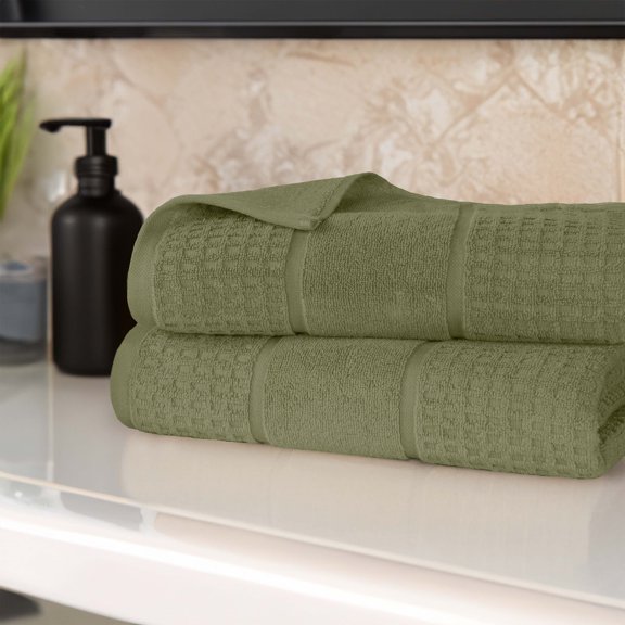 Superior Zero Twist 2-Piece Cotton Bath Sheet Set, Waffle Border Ultra Doft Quick Dry Towels, Forest Green