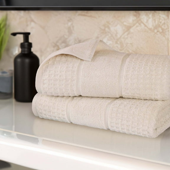 Superior Zero Twist Cotton Waffle Border Bath Sheet Set of 2, Ivory