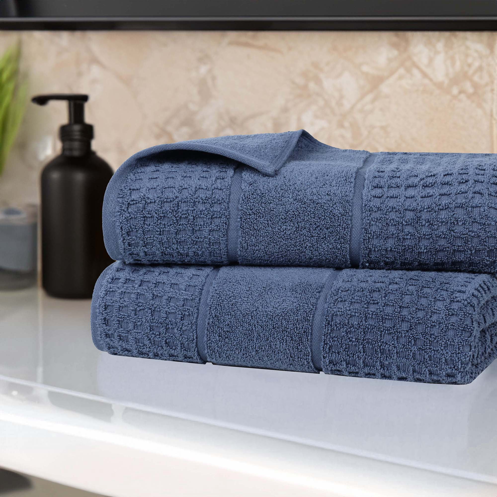 Superior Zero Twist 2-Piece Cotton Bath Sheet Set, Waffle Border Ultra Doft Quick Dry Towels, Navy Blue