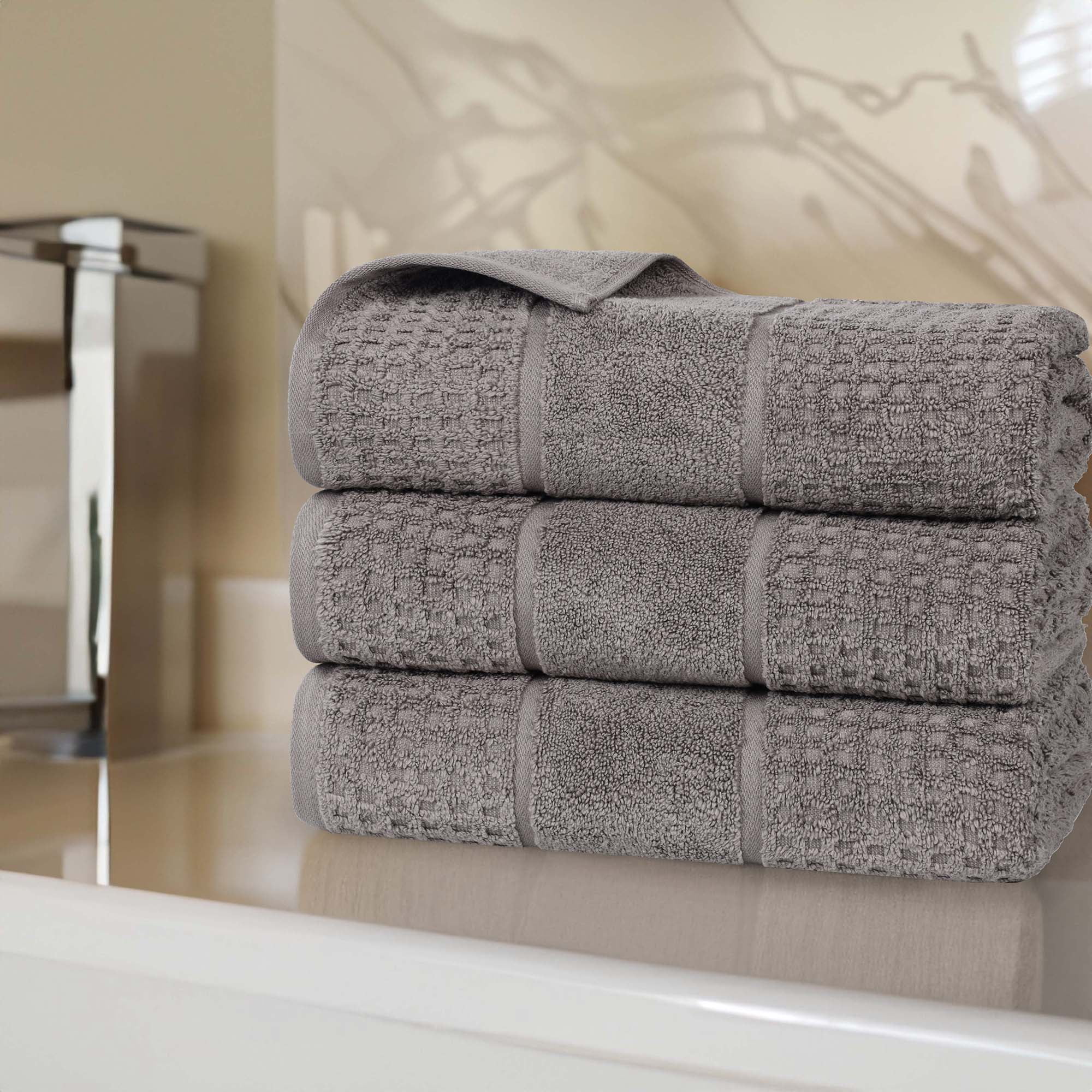 Superior Zero Twist 3-Piece Cotton Bath Towel Set, Waffle Border Ultra Doft Quick Dry Towels, Charcoal