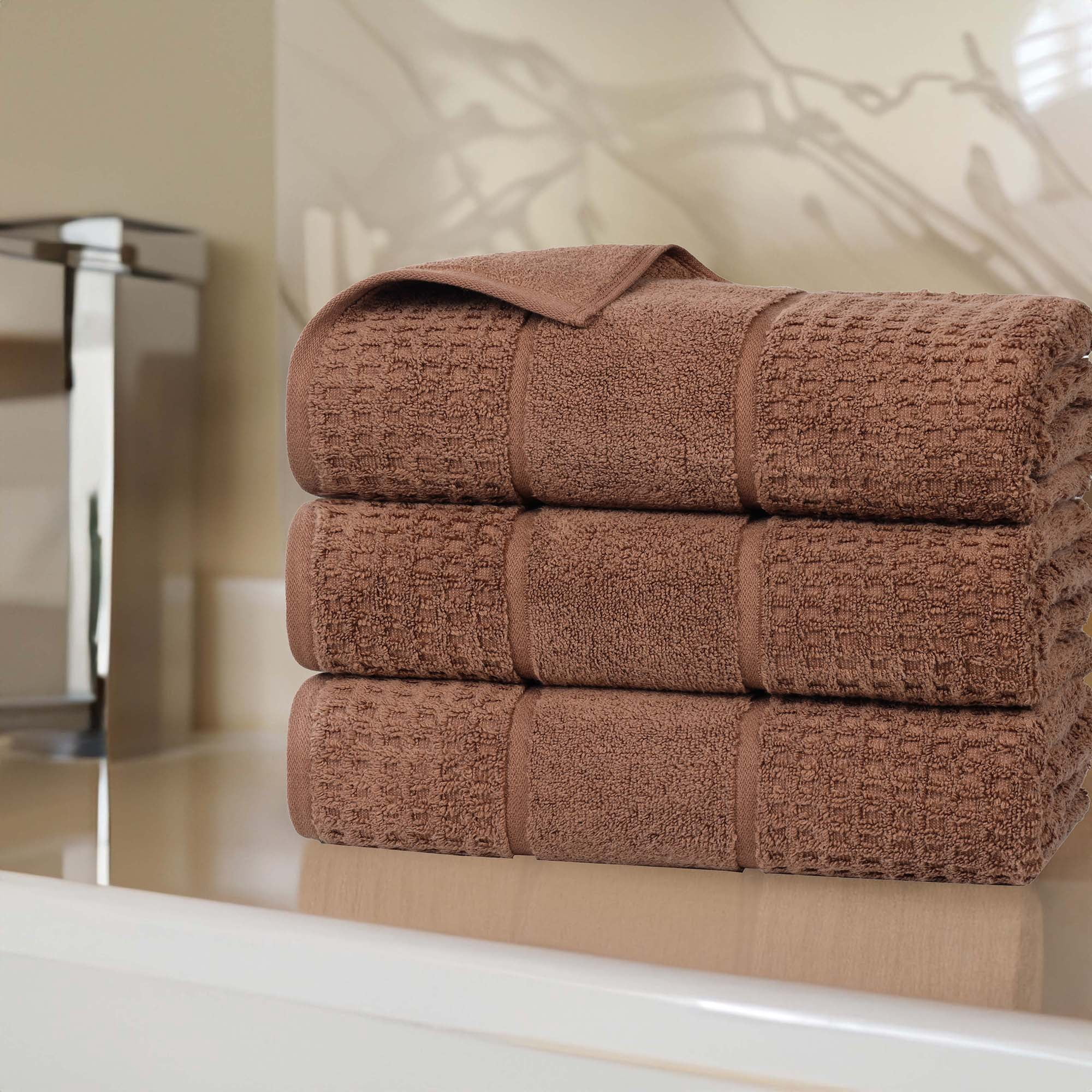 Superior Zero Twist 3-Piece Cotton Bath Towel Set, Waffle Border Ultra Doft Quick Dry Towels, Chocolate