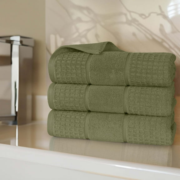 Superior Zero Twist 3-Piece Cotton Bath Towel Set, Waffle Border Ultra Doft Quick Dry Towels, Forest Green