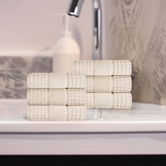 Superior Zero Twist 6-Piece Cotton Hand Towel Set, Waffle Border Ultra Doft Quick Dry Towels, Ivory