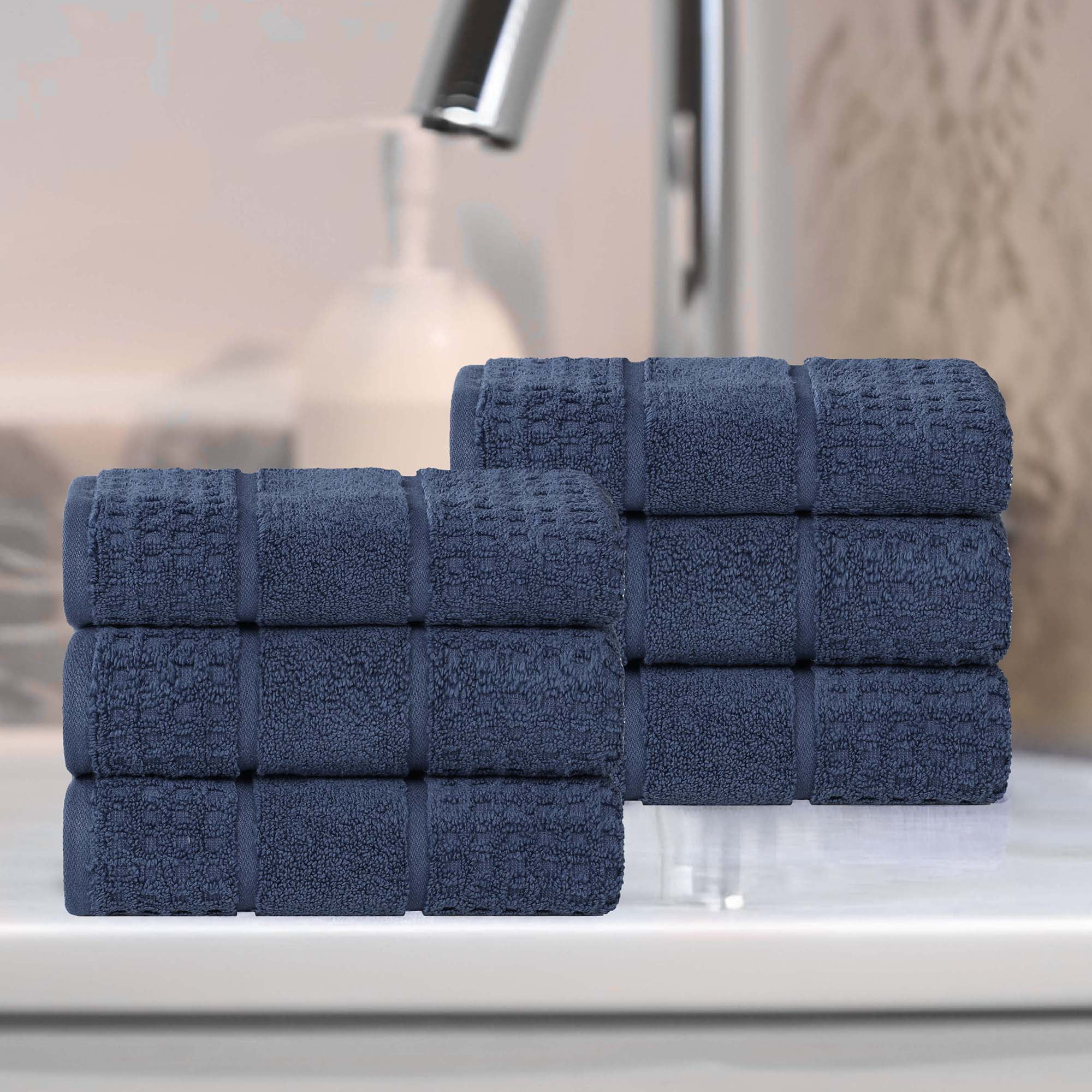 Superior Zero Twist 6-Piece Cotton Hand Towel Set, Waffle Border Ultra Doft Quick Dry Towels, Navy Blue
