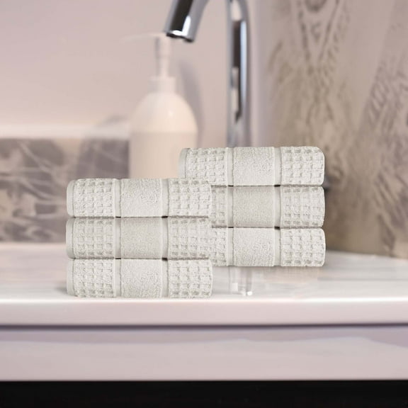 Superior Zero Twist 6-Piece Cotton Hand Towel Set, Waffle Border Ultra Doft Quick Dry Towels, Stone