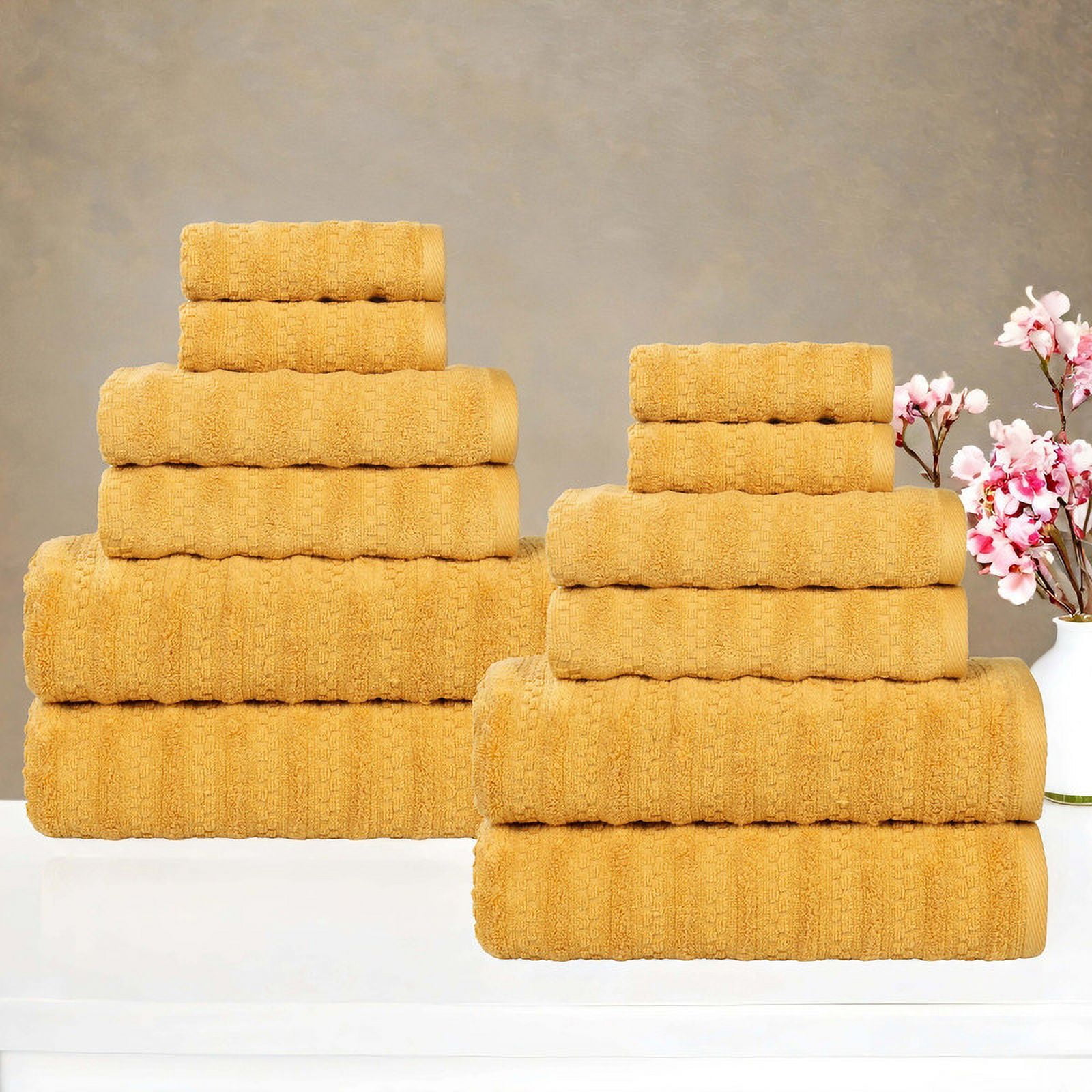 Superior Zuma Waffle Textured Stripes Zero Twist 12 Piece Towel Set, Gold