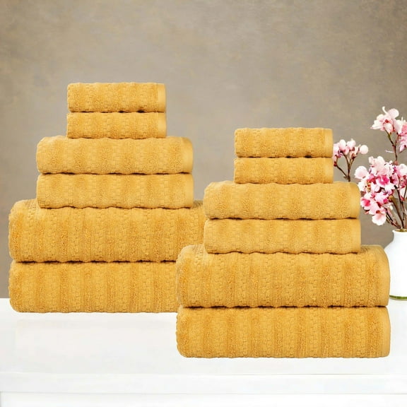 Superior Zuma Waffle Textured Stripes Zero Twist 12 Piece Towel Set, Gold
