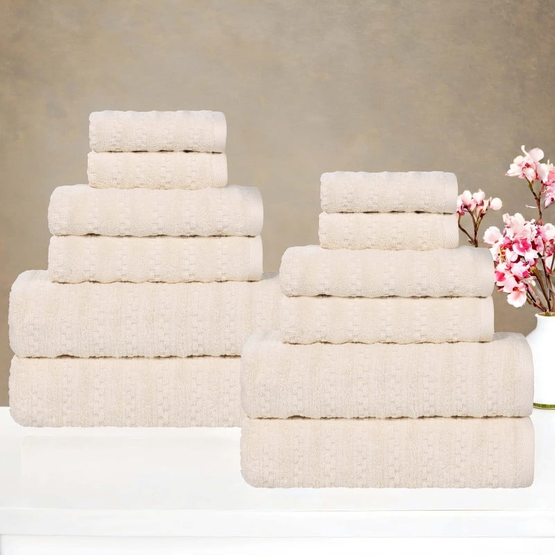 Superior Zuma Waffle Textured Stripes Zero Twist 12 Piece Towel Set, Ivory