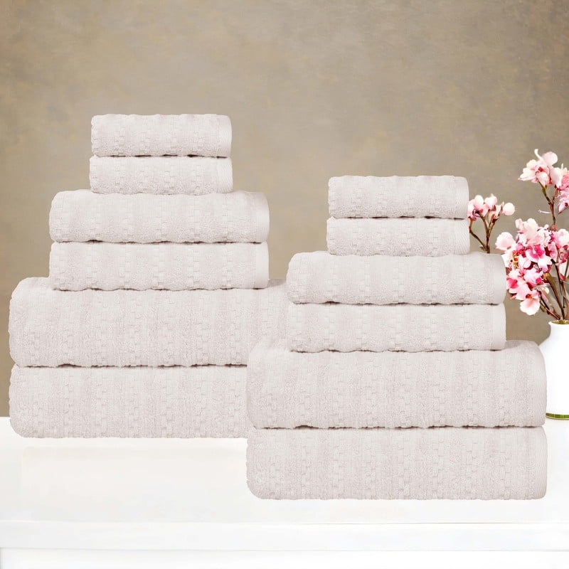 Superior Zuma Waffle Textured Stripes Zero Twist 12 Piece Towel Set, Silver