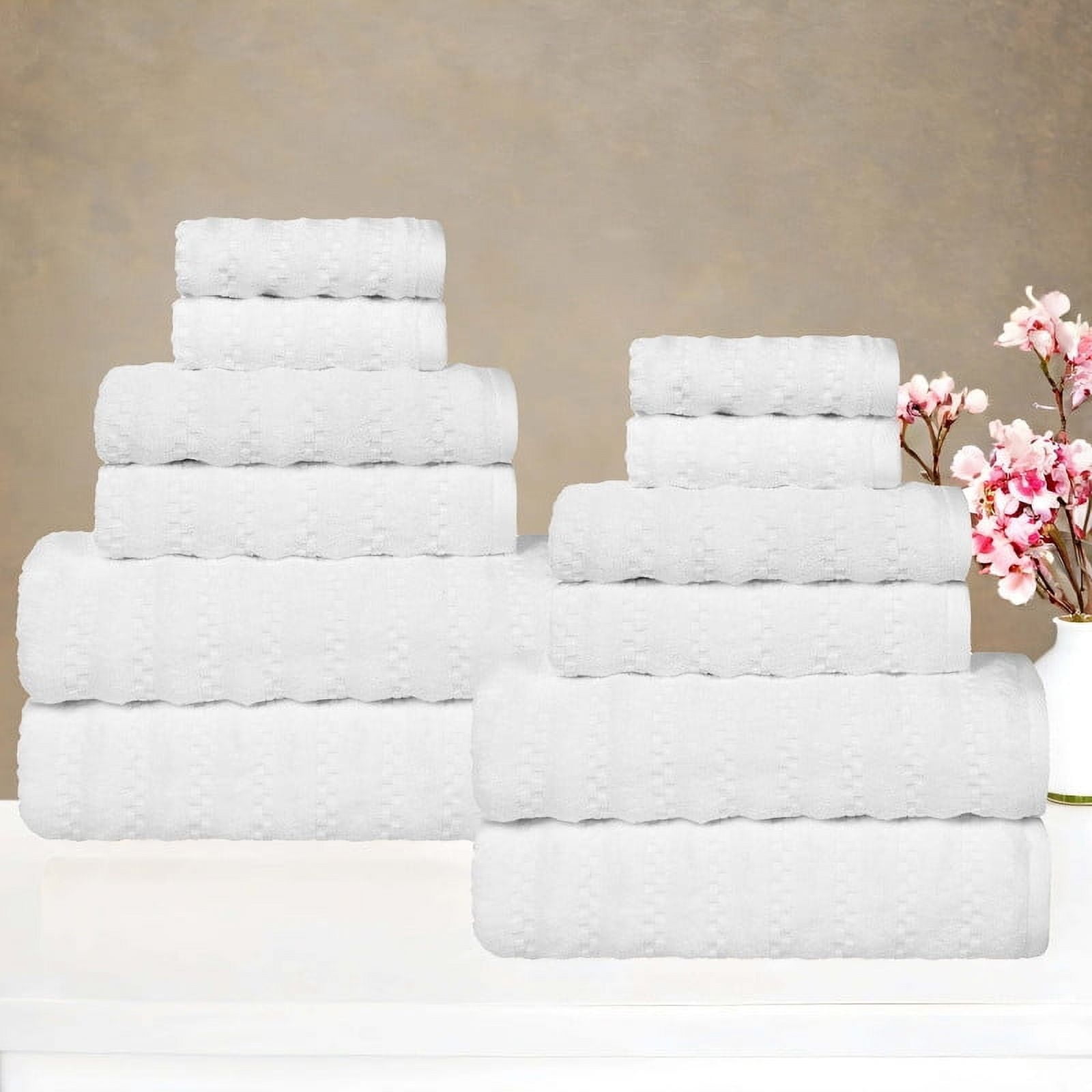 Superior Zuma Waffle Textured Stripes Zero Twist 12 Piece Towel Set, White