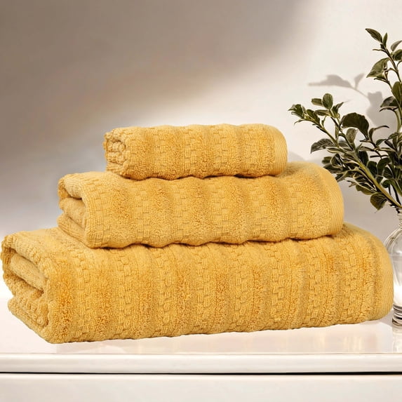 Superior Zuma Waffle Textured Stripes Zero Twist 3 Piece Towel Set, Gold