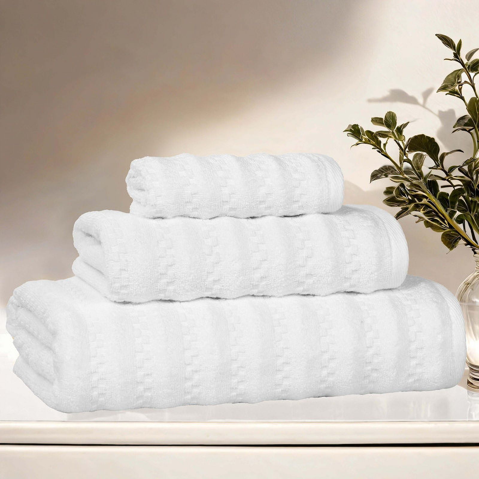 Superior Zuma Waffle Textured Stripes Zero Twist 3 Piece Towel Set, White