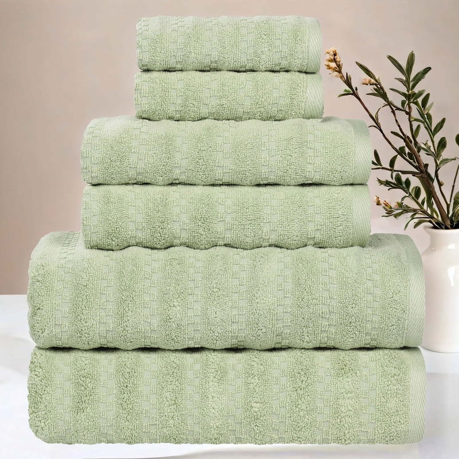 Superior Zuma Waffle Textured Stripes Zero Twist 6 Piece Towel Set, Green