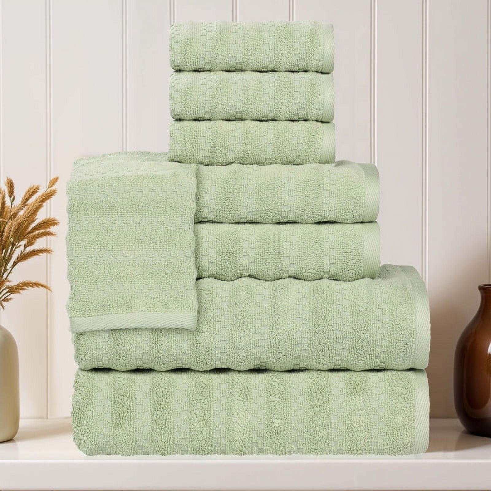 Superior Zuma Waffle Textured Stripes Zero Twist 8 Piece Towel Set, Green