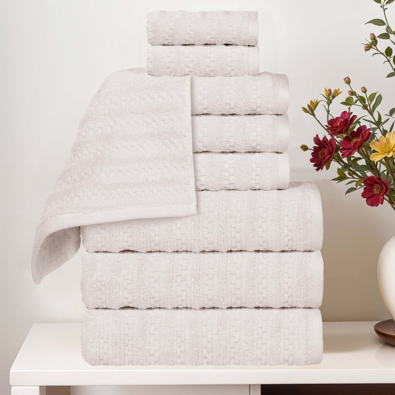 Superior Zuma Waffle Textured Stripes Zero Twist 9 Piece Towel Set, Silver