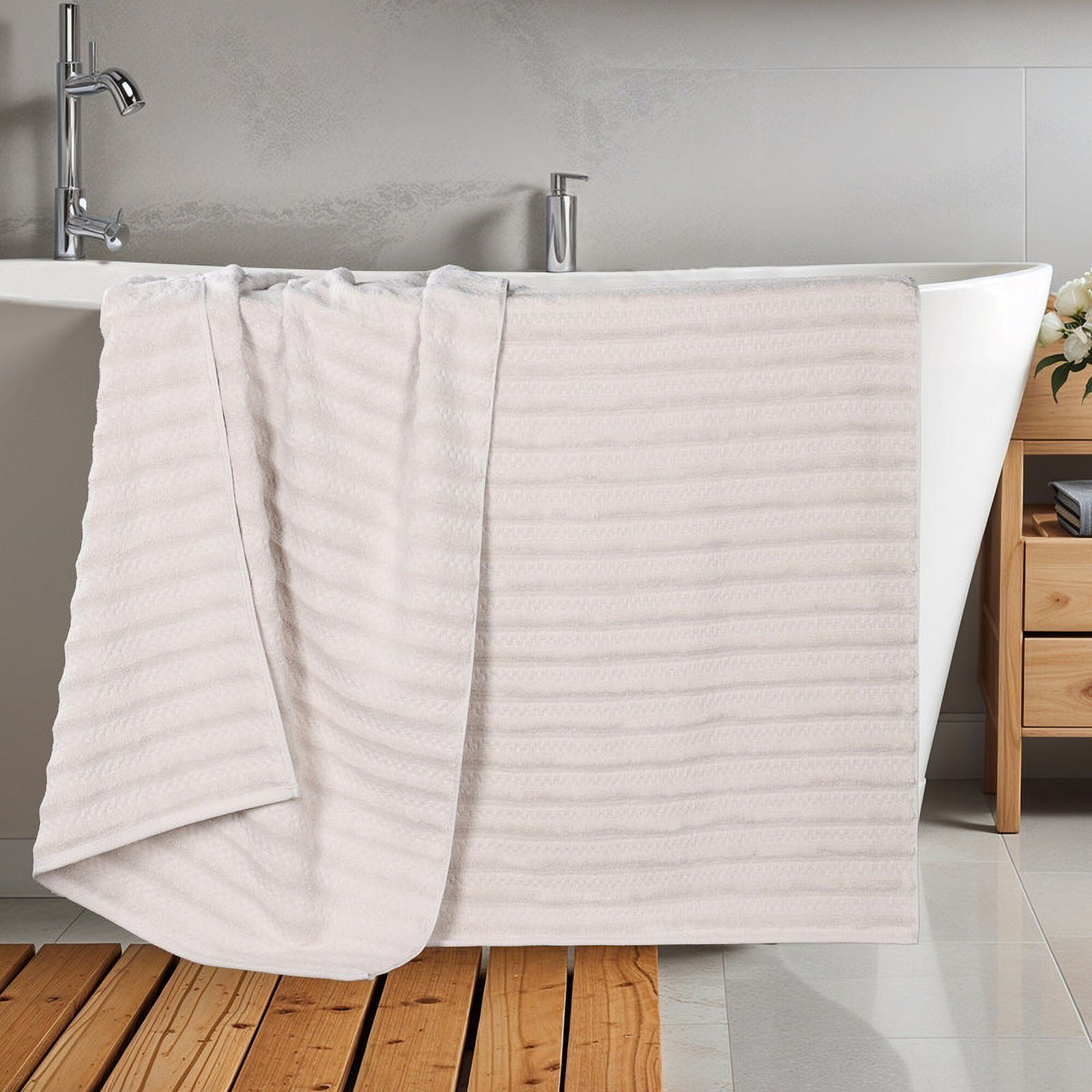 Superior Zuma Waffle Textured Stripes Cotton 2 Piece Bath Sheet Set, Zero Twist Absorbent Towels, Silver