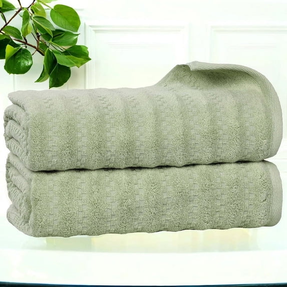 Superior Zuma Waffle Textured Stripes Zero Twist Bath Towels, Set of 2, Green