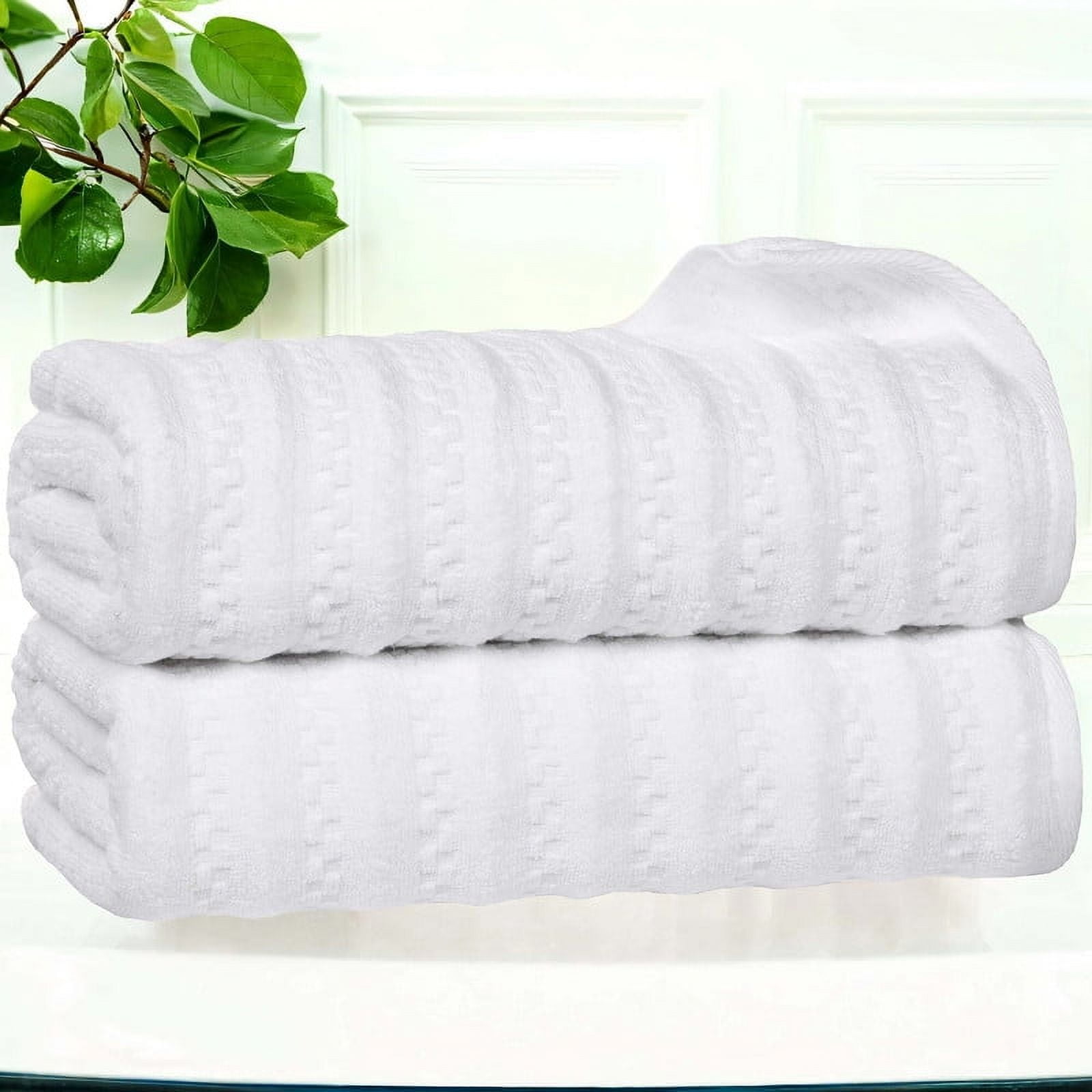 Superior Zuma Waffle Textured Stripes Cotton 2 Piece Bath Towel Set, Zero Twist Absorbent Towels, White