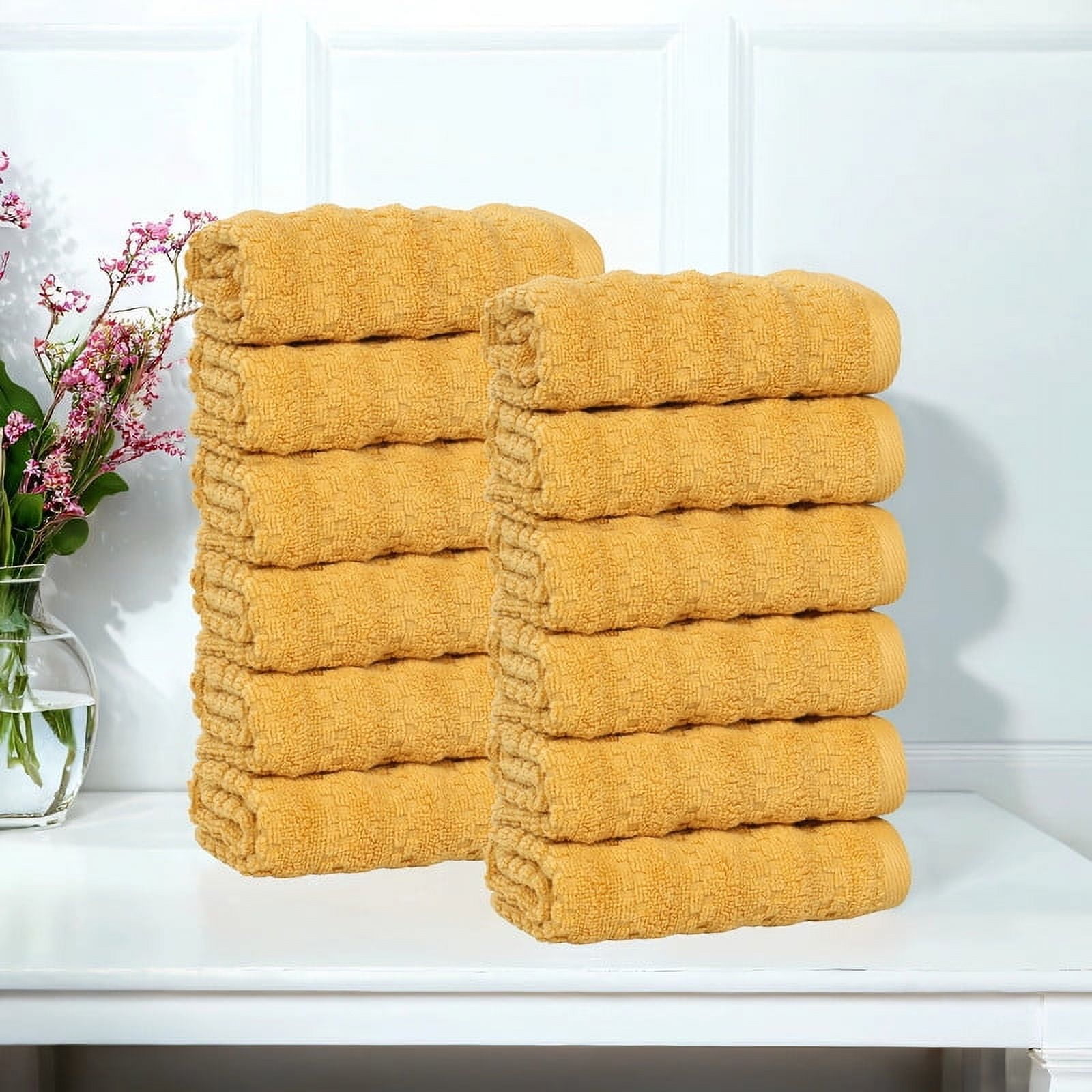 Superior Zuma Zero Twist Face Towels Washcloths, Set of 12, Gold