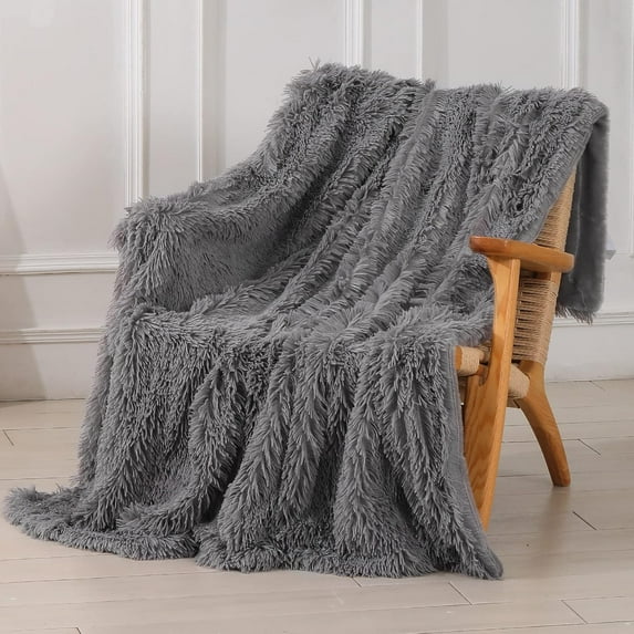 SuperiorDecorative Extra Soft Faux Fur Throw Blanket 50"x60"Solid Lightweight Fuzzy Reversible Long Hair Shaggy Blanket,Fluffy Cozy Plush Mink Fleece Comfy Microfiber Blanket for Couch Sofa Bed, Grey