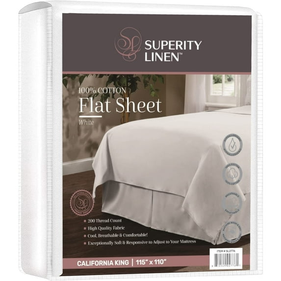 Superity Linen California King Size Flat Sheet for Bed - 100% Cotton - Durable and Comfortable with 200 Thread Count - Soft, Breatheable, and Cozy - (115 X 110)