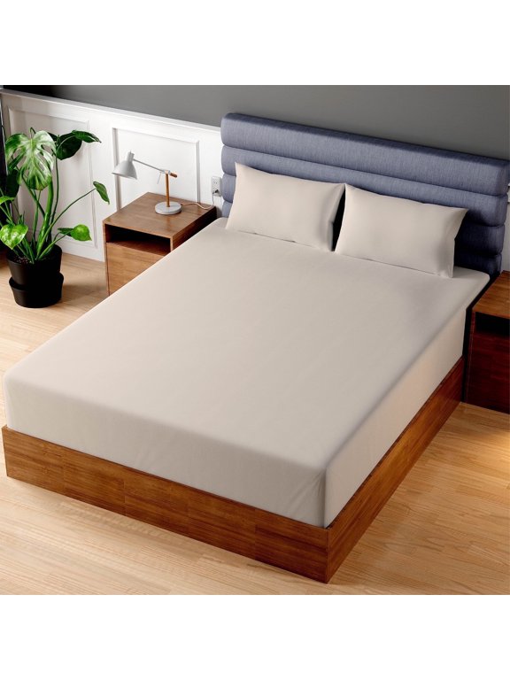 - Fitted Sheet, 100% Cotton 200 Thread Count, Queen Beige