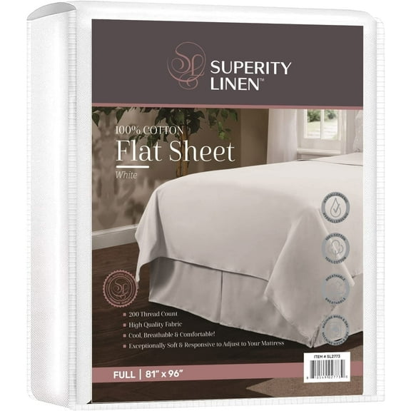 Superity Linen Full Size Flat Sheet for Bed - 100% Cotton - Durable and Comfortable with 200 Thread Count - Soft, Breatheable, and Cozy - (81 X 96)
