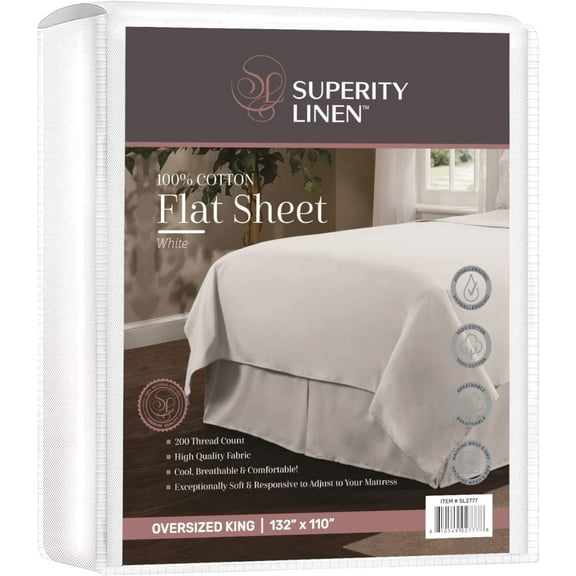 Superity Linen Oversized King Size Flat Sheet for Bed - 100% Cotton - Durable and Comfortable with 200 Thread Count - Soft, Breatheable, and Cozy - (132 X 110)