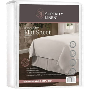 Superity Linen Oversized King Size Flat Sheet for Bed -  100% Cotton - Durable and Comfortable with 200 Thread Count - Soft, Breatheable, and Cozy - (132 X 110)