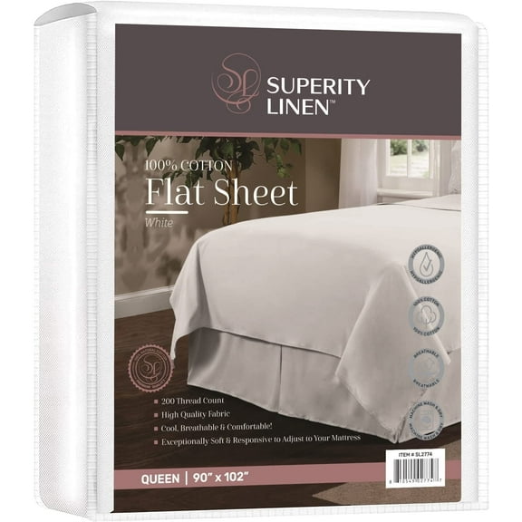 Superity Linen Queen Size Flat Sheet for Bed - 100% Cotton - Durable and Comfortable with 200 Thread Count - Soft, Breatheable, and Cozy - (90 X 102)