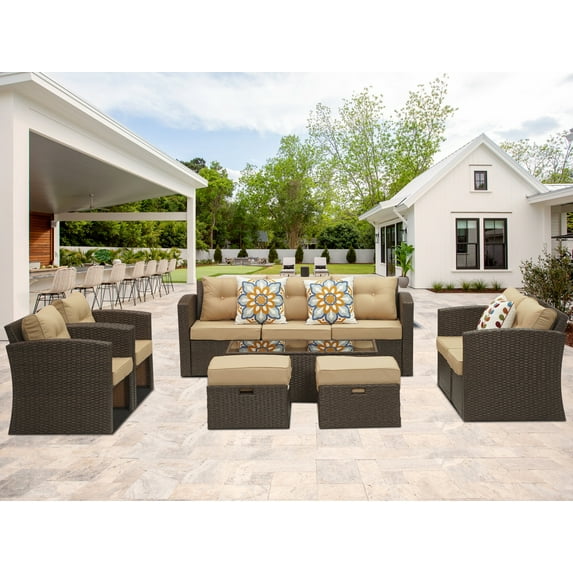 Superjoe 10 Pcs Outdoor Wicker Patio Furniture Set Aluminum Frame Patio Sectional Sofa with Coffee Table,Brown