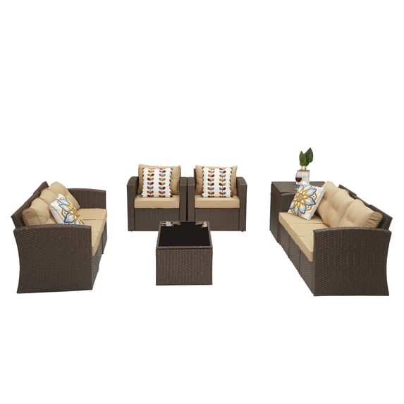 Superjoe 10 Pcs Patio Wicker Furniture Set Aluminum Frame Outdoor Sectional Conversation Sofa with Storage Box and Coffee Table,Brown