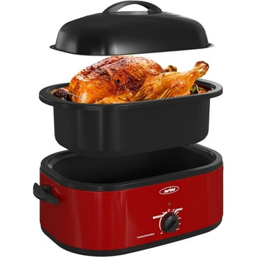 Superjoe 18 Quart Electric Roaster Oven with Self-Basting Lid, Turkey Roaster Oven Buffet with Removable Pan, Cool-Touch Handles, Red