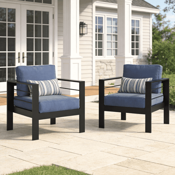 Heynemo Metal Patio Furniture Chairs Set of 2, Aluminum Outdoor Armchairs with Cushions, Blue