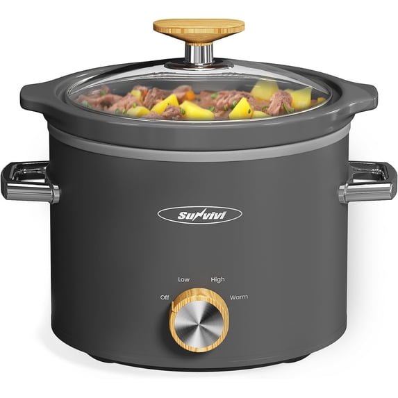 Superjoe 2 Quart Slow Cooker with 3 Heating Settings, Removable Ceramic Pot, and Dishwasher Safe Lid, Grey