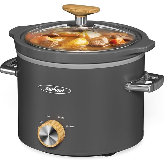 Superjoe 2 Quart Slow Cooker, Small Slow Cooker with Removable Ceramic Pot, Slow Cooker Food Warmer with 3 Heating Settings & Dishwasher Safe Glass Lid, Grey