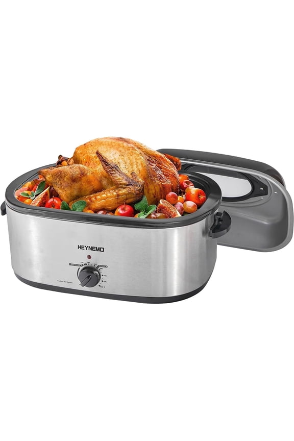22QT Electric Roaster Oven, Stainless Steel Roaster Pan with Self-Basting Lid Removable Insert Pot, Silver