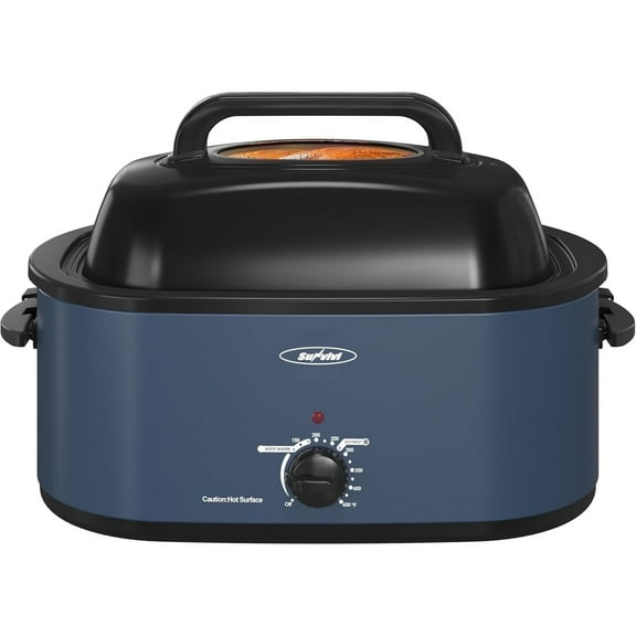 Superjoe 24 QT Electric Roaster Oven with Viewing Lid, Removable Pan & Rack, Stainless Steel, Blue