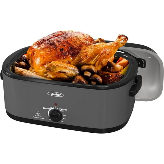 Superjoe 26 QT Electric Roaster Oven, Stainless Steel Self-Basting Lid Removable Pan, Grey