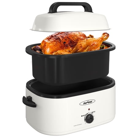 Superjoe 26 QT Electric Roaster Oven with Self-Basting Lid, Removable Pan, and Cool-Touch Handles, White