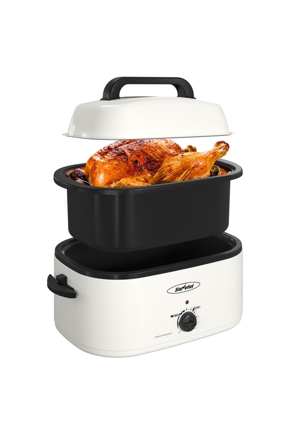 26 QT Electric Roaster Oven with Self-Basting Lid, Removable Pan, and Cool-Touch Handles, White