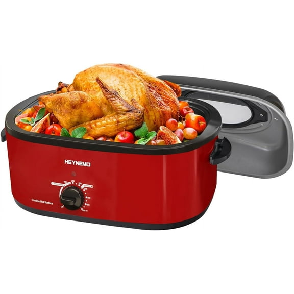 Superjoe 26 Quart Roaster Oven with Self-Basting Lid, Electric Turkey Roaster with Thaw & Warm Function, Adjustable Temperature Roaster With Removable Pan & Rack, Stainless Steel, Red